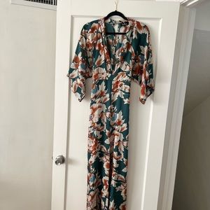 Lulus satin jumpsuit, green and orange